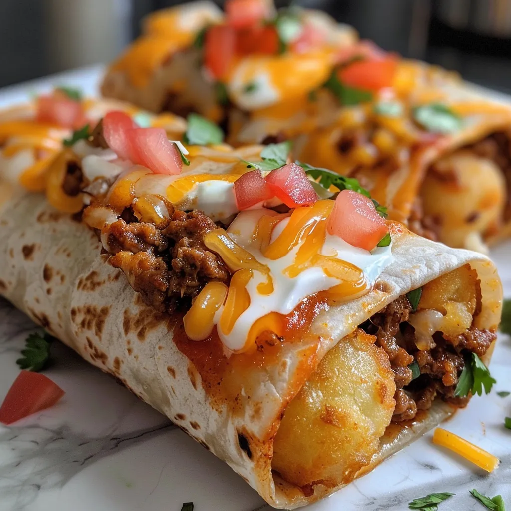 Side view of burritos filled with ground beef, cheddar cheese, and diced tomatoes.