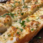 Close-up of golden-brown Chicken Alfredo Garlic Bread topped with cheese and herbs.