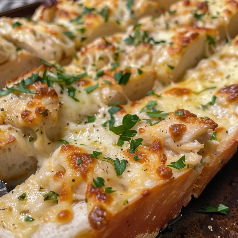 Transform Your Dinner with This Irresistible Chicken Alfredo Garlic Bread Recipe Close-up of golden-brown Chicken Alfredo Garlic Bread topped with cheese and herbs.