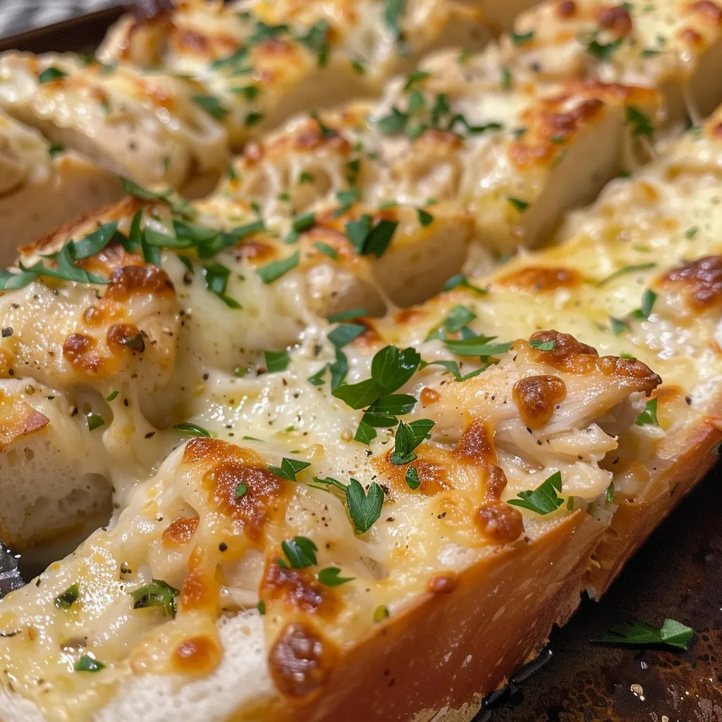 Close-up of golden-brown Chicken Alfredo Garlic Bread topped with cheese and herbs.