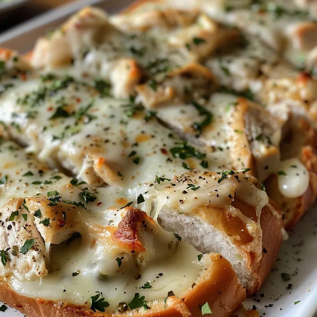 Side view of a delicious Chicken Alfredo Garlic Bread with melted cheese and chicken pieces.
