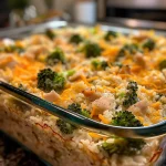 Close-up of a creamy Chicken Broccoli Rice Casserole with broccoli and cheese.
