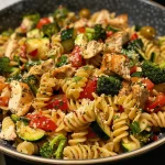 A close-up view of Chicken Pasta Primavera featuring colorful vegetables and grilled chicken.