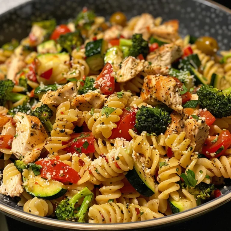 A close-up view of Chicken Pasta Primavera featuring colorful vegetables and grilled chicken.