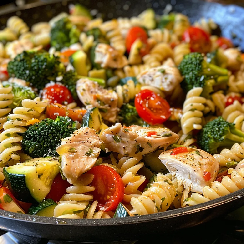 Juicy Chicken Pasta Primavera with zucchini, bell pepper, and cherry tomatoes displayed in a bowl.