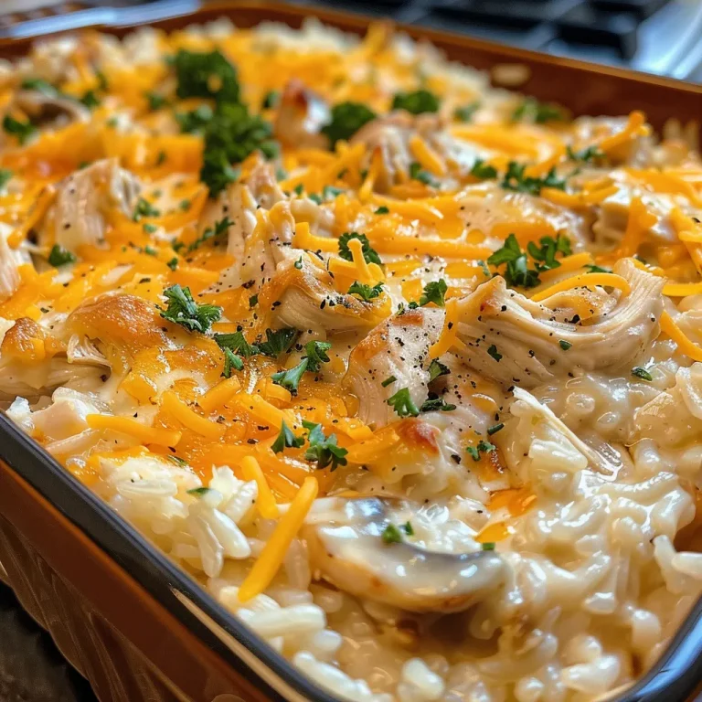 Close-up view of a creamy chicken rice casserole topped with melted cheese.