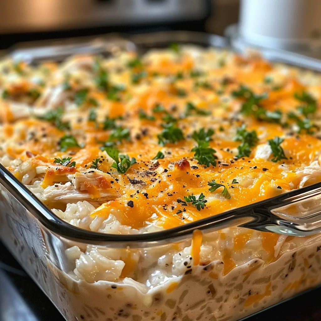 Side angle of a hearty chicken rice casserole with golden cheese and chicken pieces.