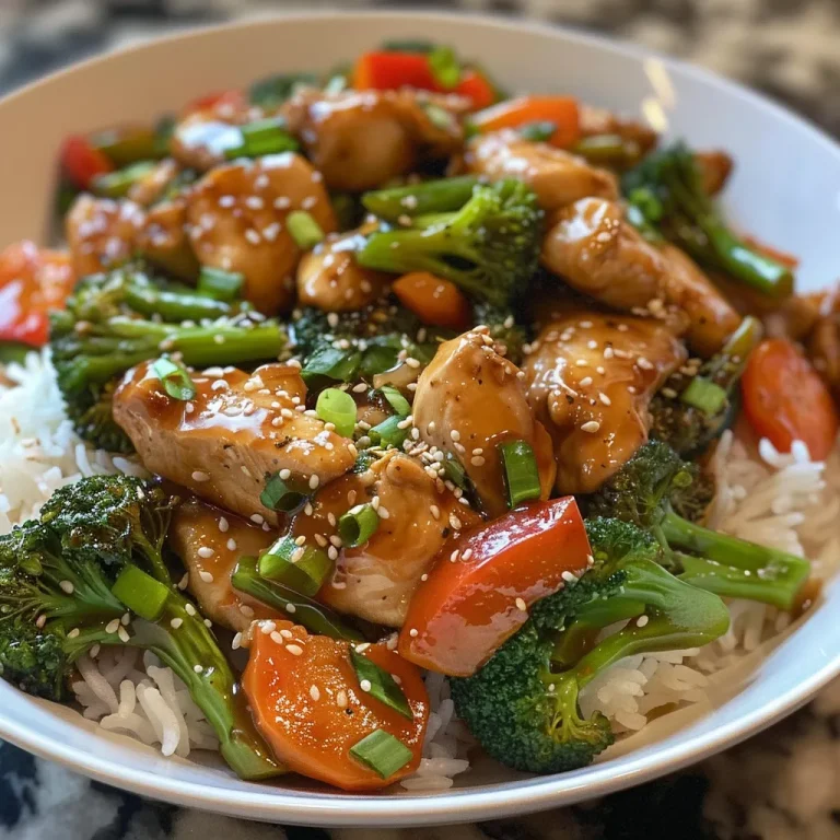 Close-up view of juicy chicken slices with colorful mixed vegetables in a stir-fry.