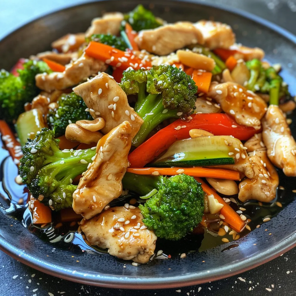 Side angle of a vibrant chicken and mixed vegetable stir-fry on a white plate.
