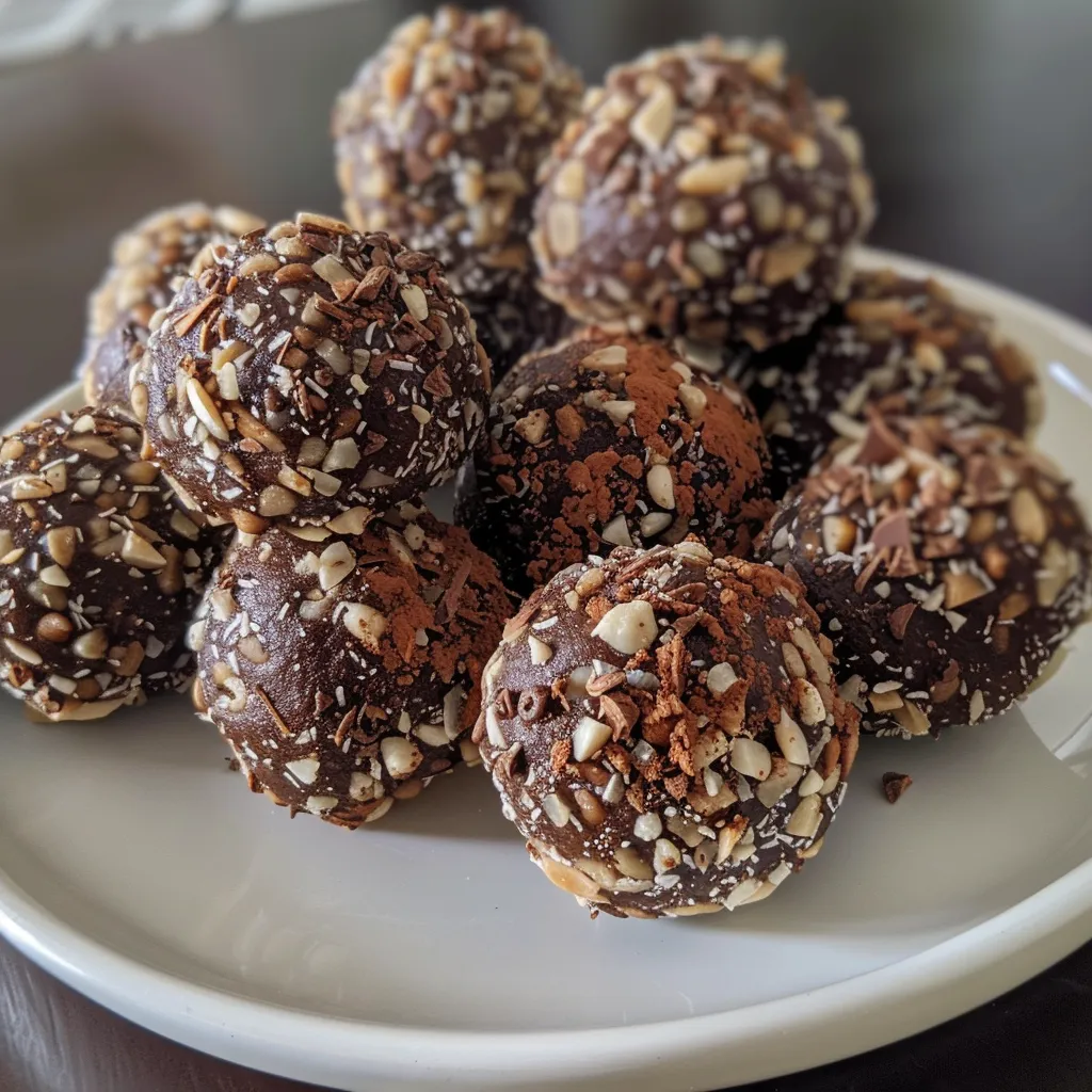 Side view photo showcasing a plate of round chocolate almond balls with a glossy finish.