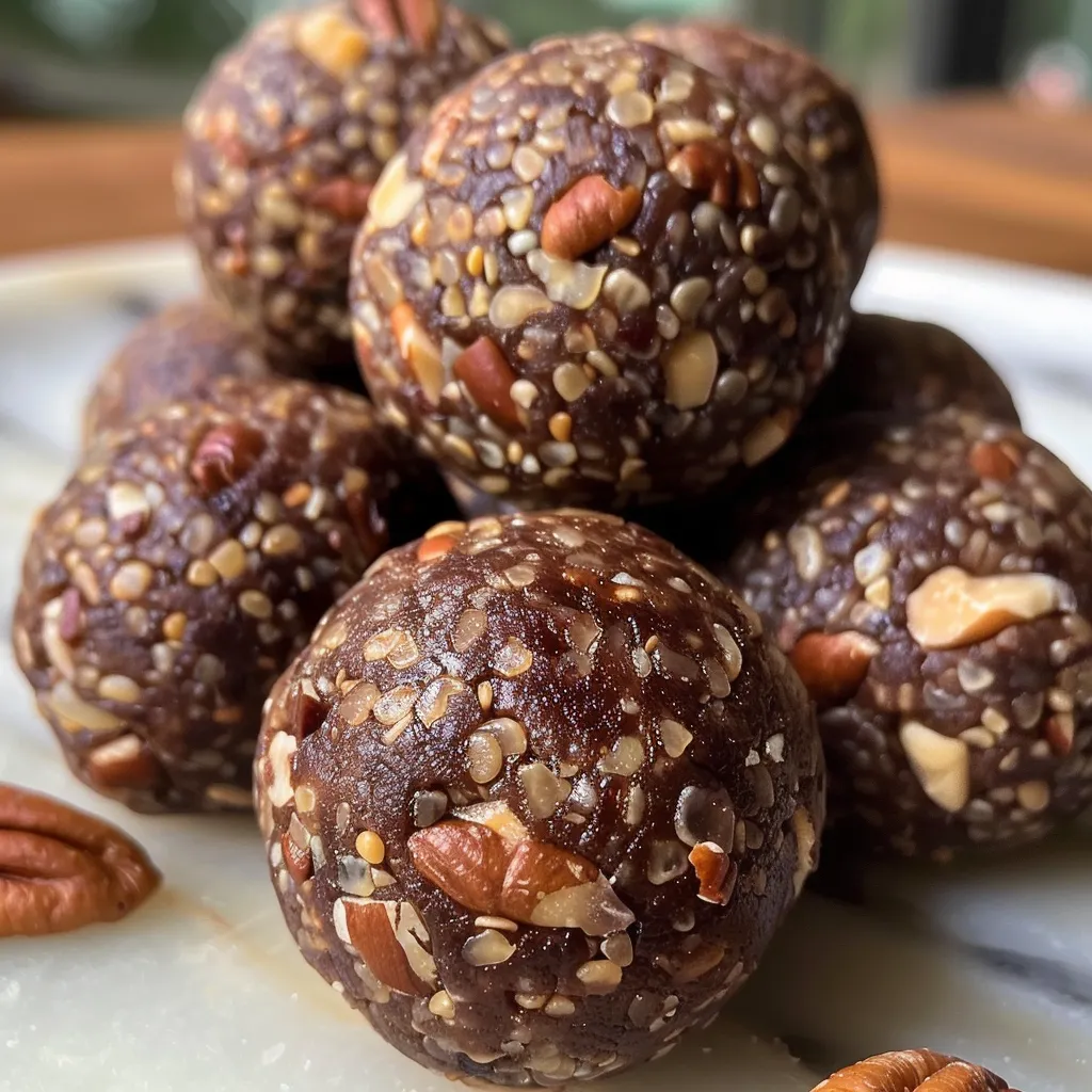 Side view of delicious chocolate date energy balls with a textured finish.