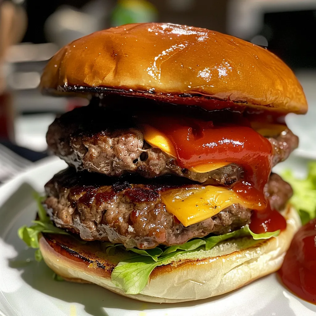 Side view of a delicious beef burger, highlighting the toppings and sesame seed bun.