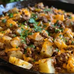Close-up view of a hearty Cowboy Beef & Potato Skillet, showcasing diced potatoes and ground beef in a cast-iron pan.