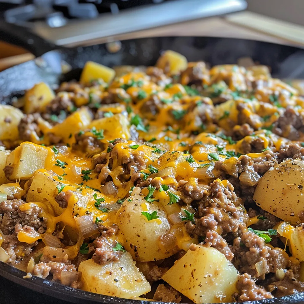 A delicious Cowboy Beef & Potato Skillet served in a skillet, displaying melted cheese and fresh parsley on top.