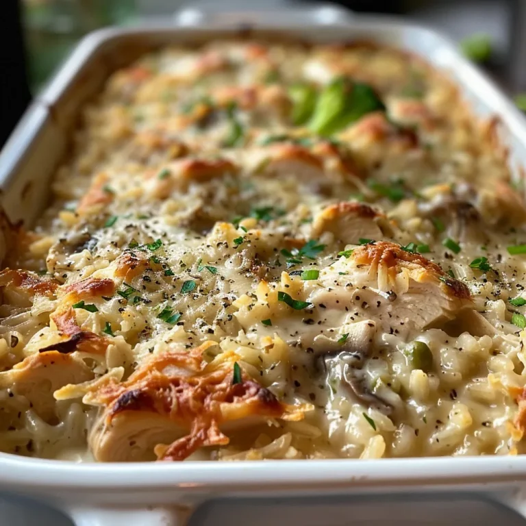 Close-up view of a delicious chicken and rice casserole with melted cheese.