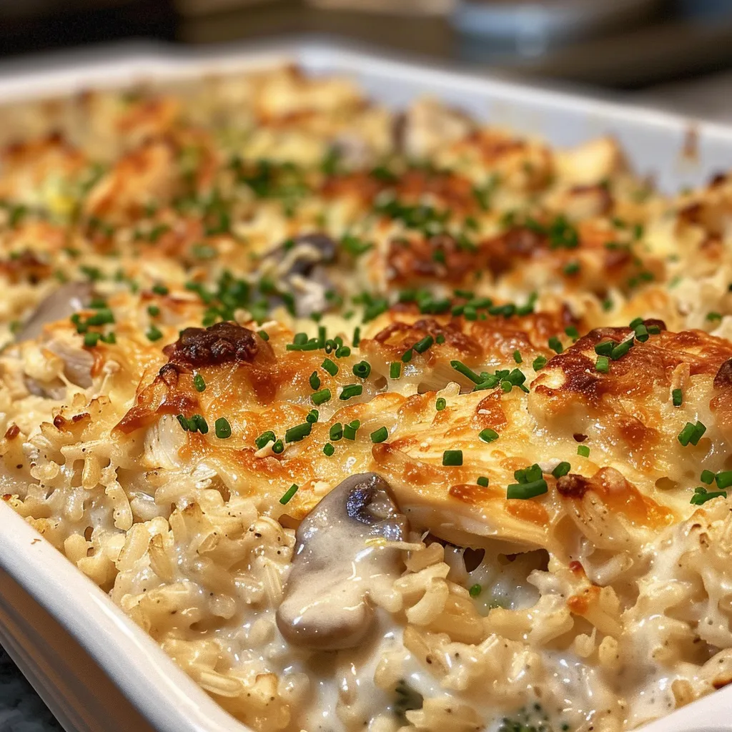 Side profile of a cozy chicken and rice casserole topped with sautéed vegetables.