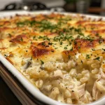 Close-up side view of a creamy chicken and rice casserole topped with golden edges.