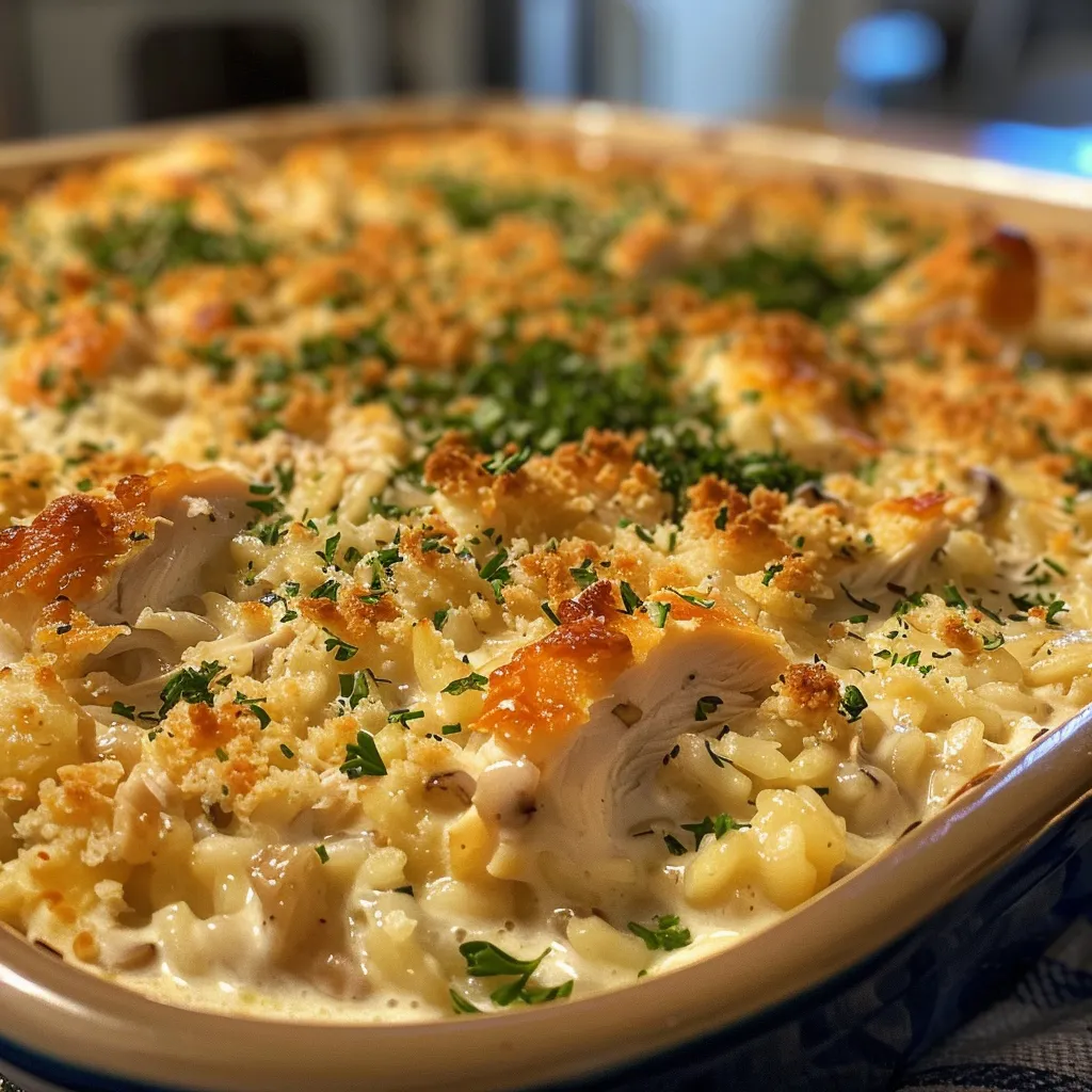Juicy chicken and rice casserole presented in a baking dish with a creamy sauce.