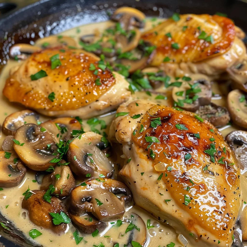 Close-up of creamy chicken and mushrooms in a bowl.