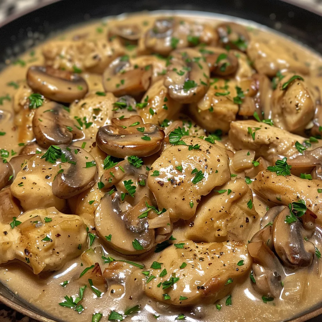 Juicy, creamy chicken dish featuring mushrooms and herbs.