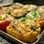 Close-up view of creamy chicken stuffed peppers, showcasing the shredded chicken and melted cheese.