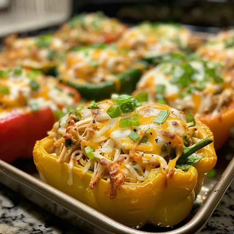 Stuffed Peppers That Make Dinner a Delicious Adventure! Close-up view of creamy chicken stuffed peppers, showcasing the shredded chicken and melted cheese.