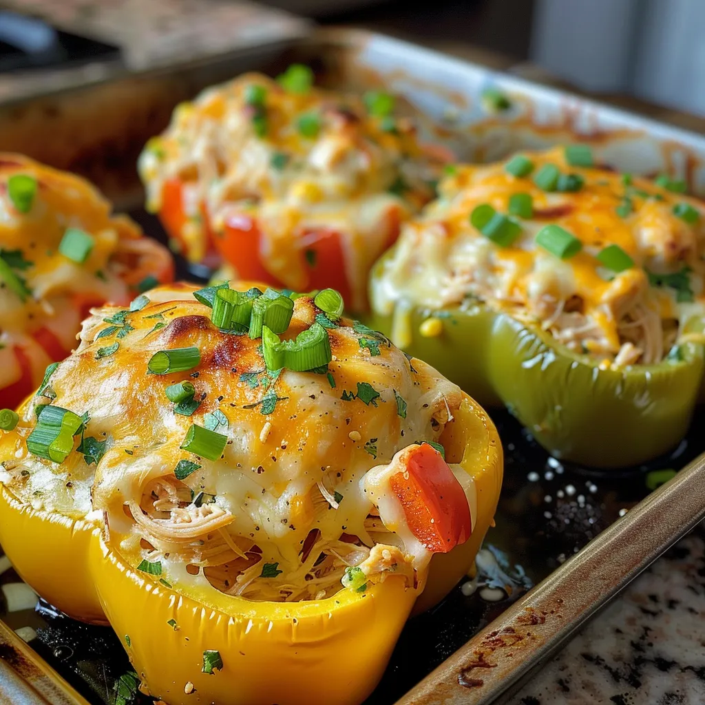 Side view of halved bell peppers filled with a creamy chicken mixture and topped with green onions.