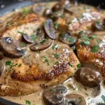 A close-up view of creamy garlic mushroom chicken garnished with herbs.