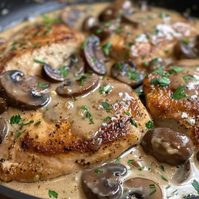 A close-up view of creamy garlic mushroom chicken garnished with herbs.