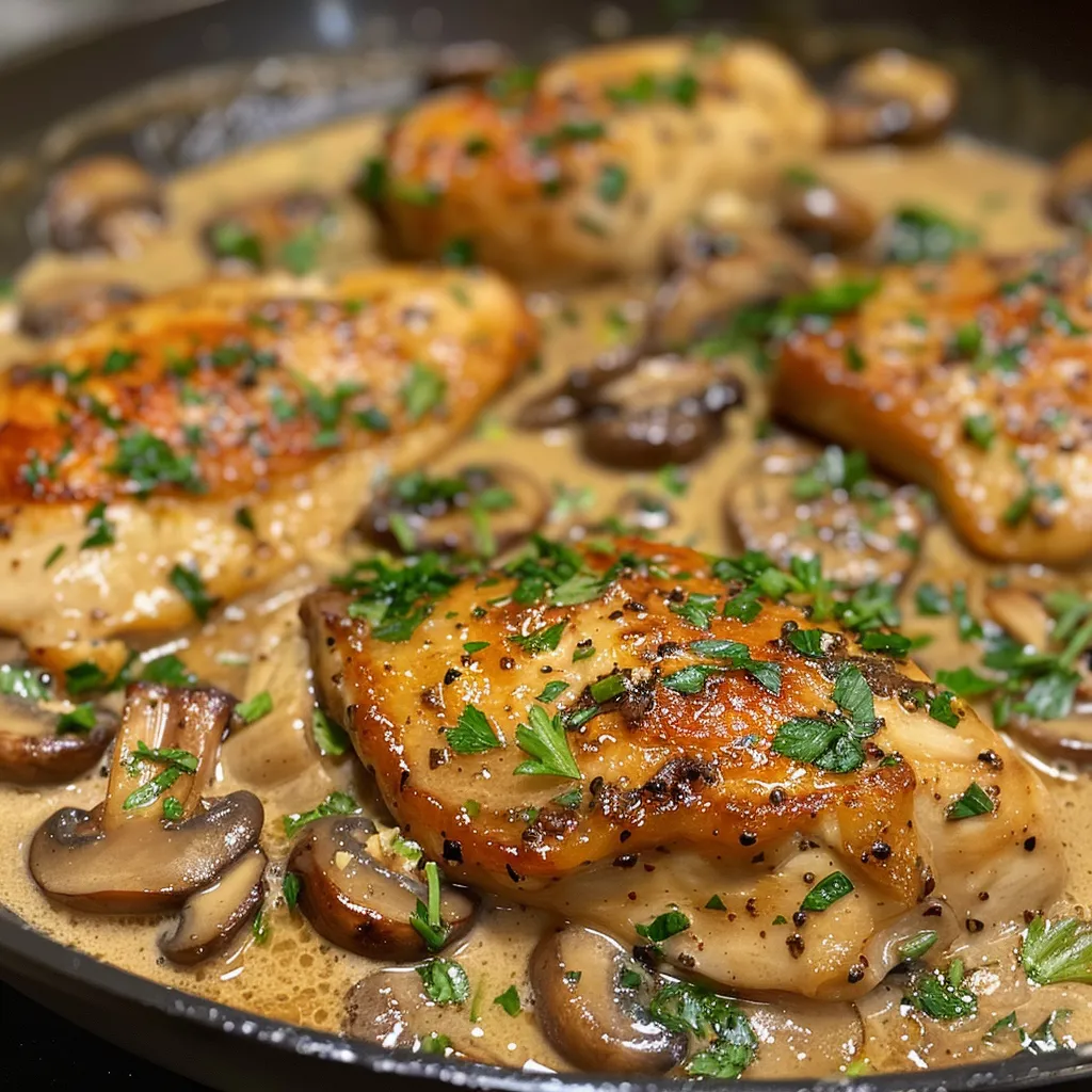 Juicy chicken breasts with a creamy garlic and mushroom sauce, served on a plate.
