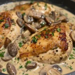 Close-up view of creamy mushroom chicken with sliced mushrooms and herbs.