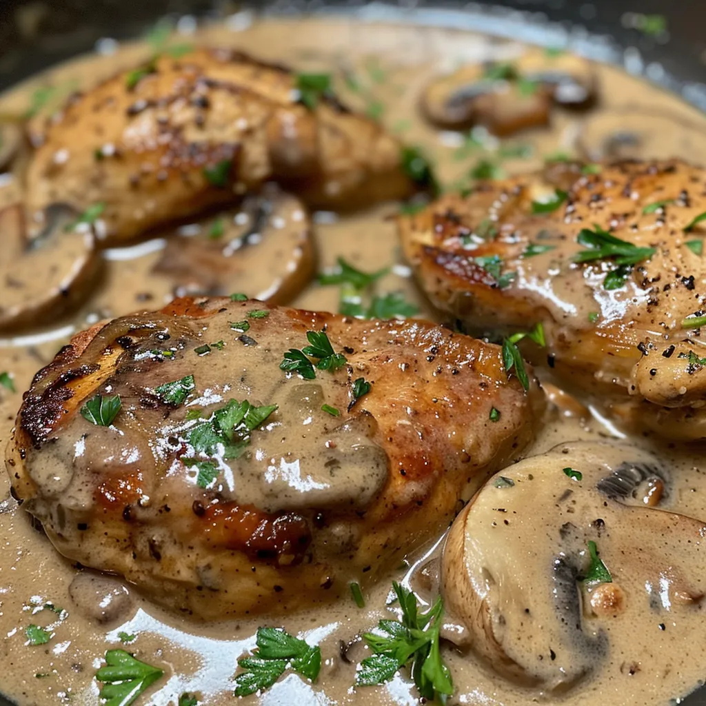 Juicy chicken breast in a rich creamy mushroom sauce, garnished with thyme.