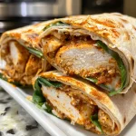 A close-up view of crispy air fryer chicken wraps filled with mozzarella and spinach.