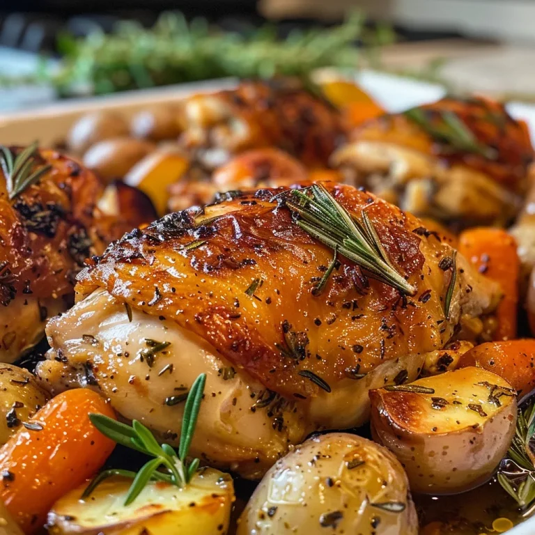 Close-up of crispy herb-roasted chicken thighs with potatoes and carrots.