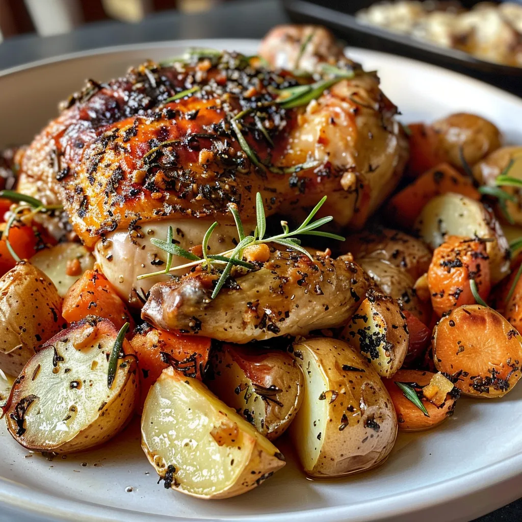 Juicy chicken thighs topped with herbs, surrounded by roasted baby potatoes and carrots.