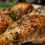 Close-up view of crispy roasted chicken thighs garnished with herbs.