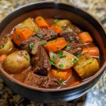 Close-up side view of a colorful bowl of beef stew with visible chunks of meat, vegetables, and herbs.