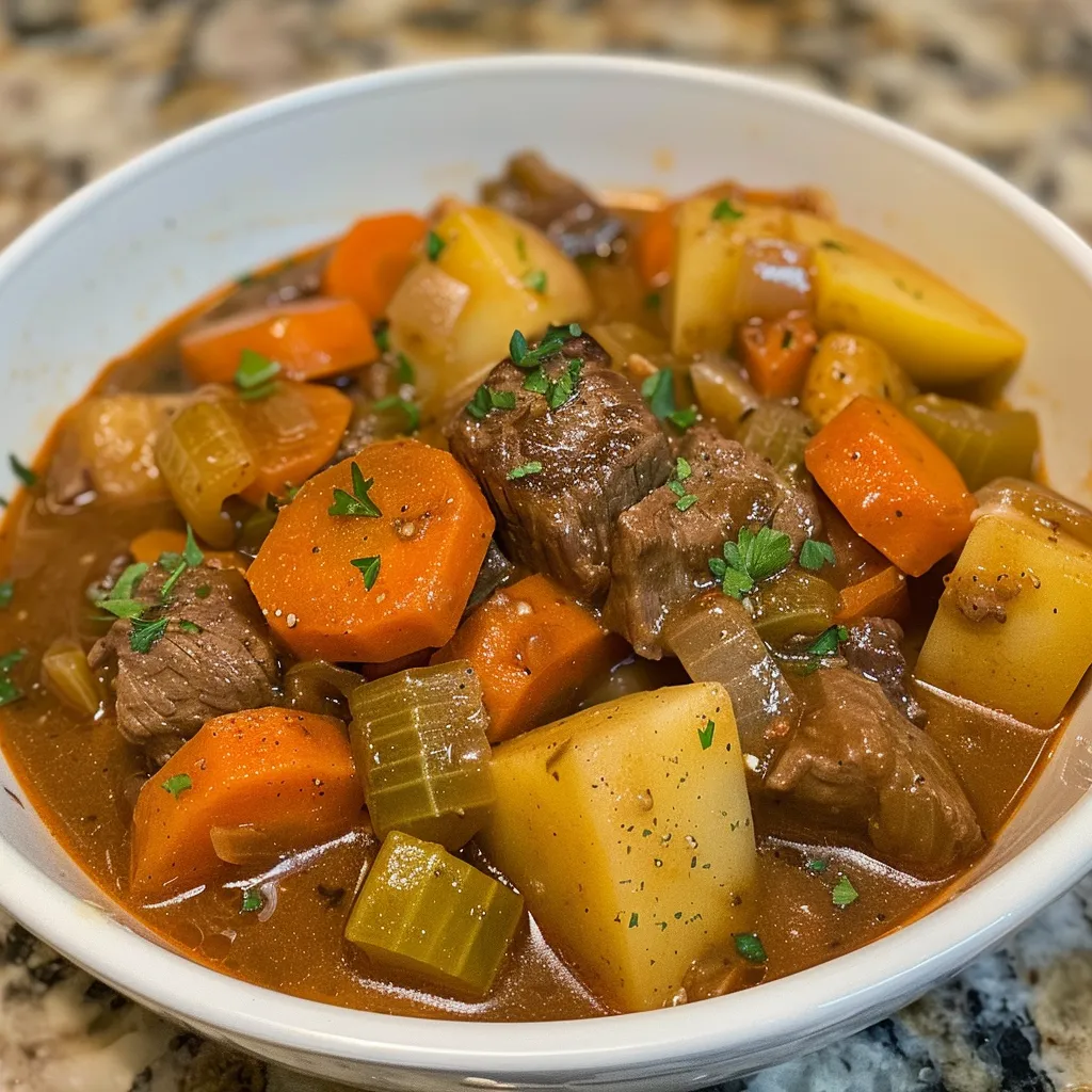 Side view of a delicious plate of beef stew, showcasing chunks of meat, vibrant vegetables, and a savory broth.