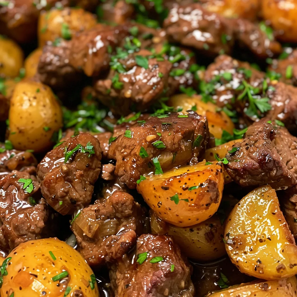 Side view of tender beef stew meat and potatoes in a flavorful garlic butter sauce.