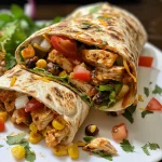 Close-up of a Crunchy Southwestern Chicken Wrap filled with colorful ingredients.