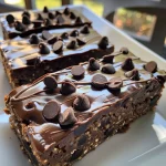 Close-up view of Double Chocolate Coffee Protein Bars with chocolate chips.