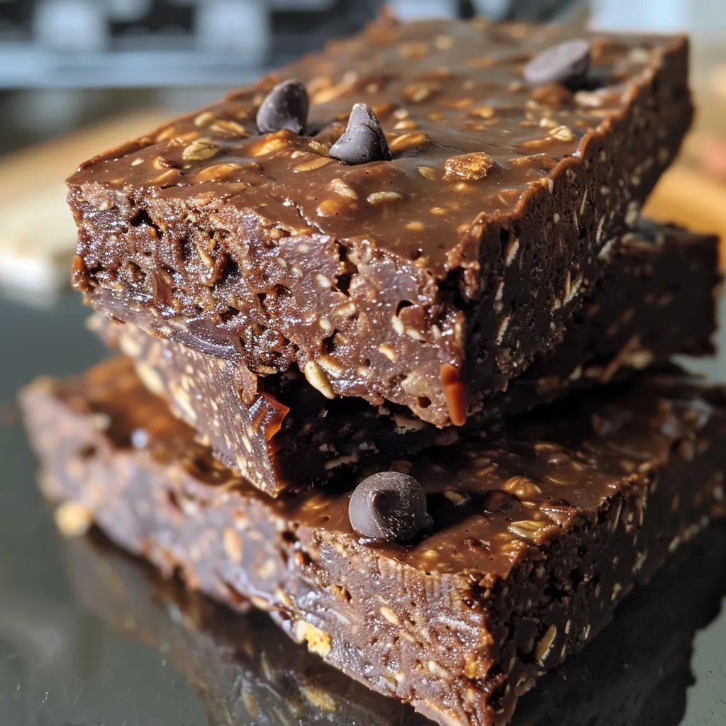 Side view of a stack of Double Chocolate Coffee Protein Bars on a plate.