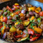 A close-up view of juicy beef and veggie skillet bites in a vibrant skillet.
