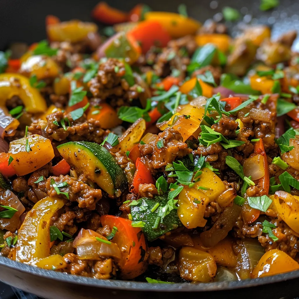 Colorful bell peppers, zucchini, and ground beef sizzling together in a pan.
