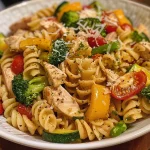 Close-up of a delicious chicken pasta primavera with vibrant vegetables.
