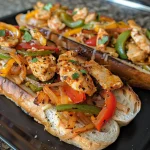 Close-up view of Fajita Chicken Stuffed Garlic Bread, showcasing the juicy filling and golden-brown crust.