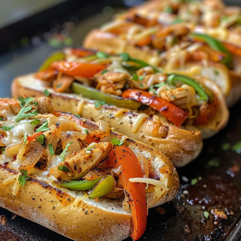 Side view of a baguette filled with fajita chicken, bell peppers, and melted cheese, with a buttery garlic topping.