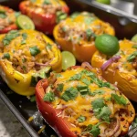 Close-up of Fajita Chicken Stuffed Peppers with colorful bell peppers and melted cheese.