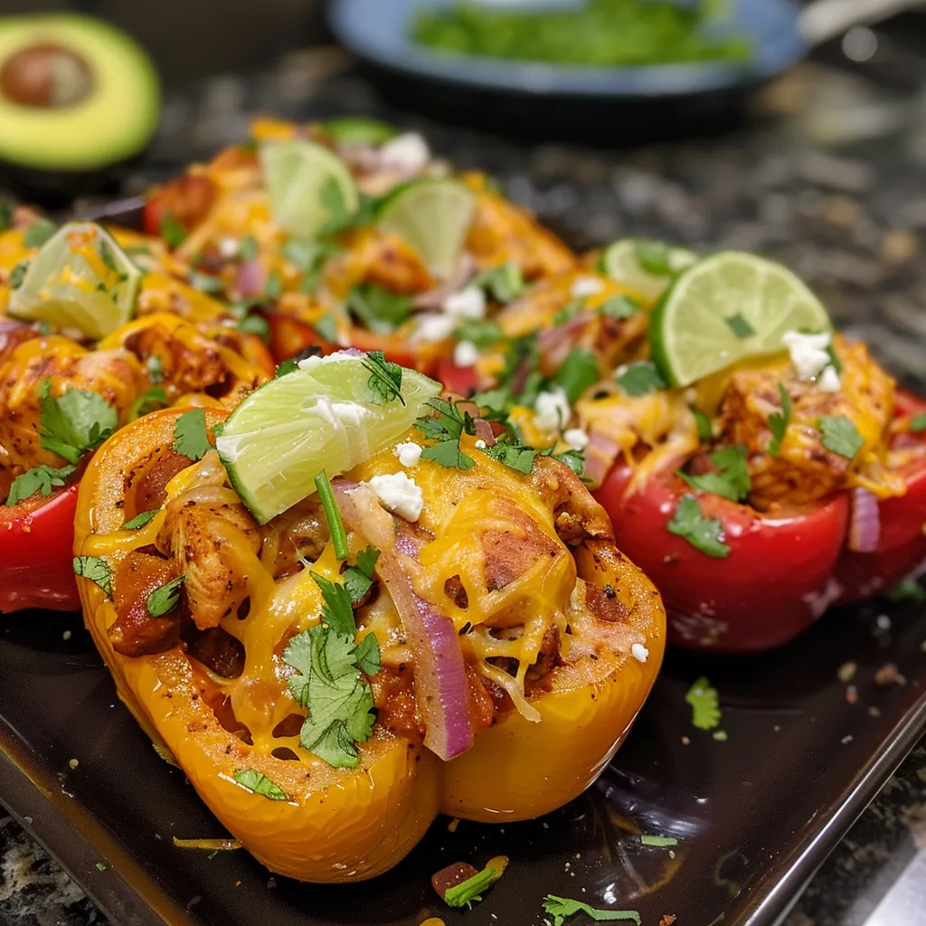 Side view of half red and yellow bell peppers filled with seasoned chicken and topped with cheese.
