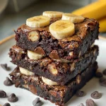 Moist, fudgy Flourless Banana Brownies with a shiny surface viewed from the side.